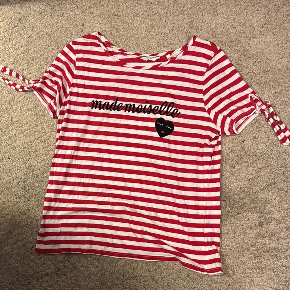 Red and White Striped T-Shirt with Mademoiselle Print